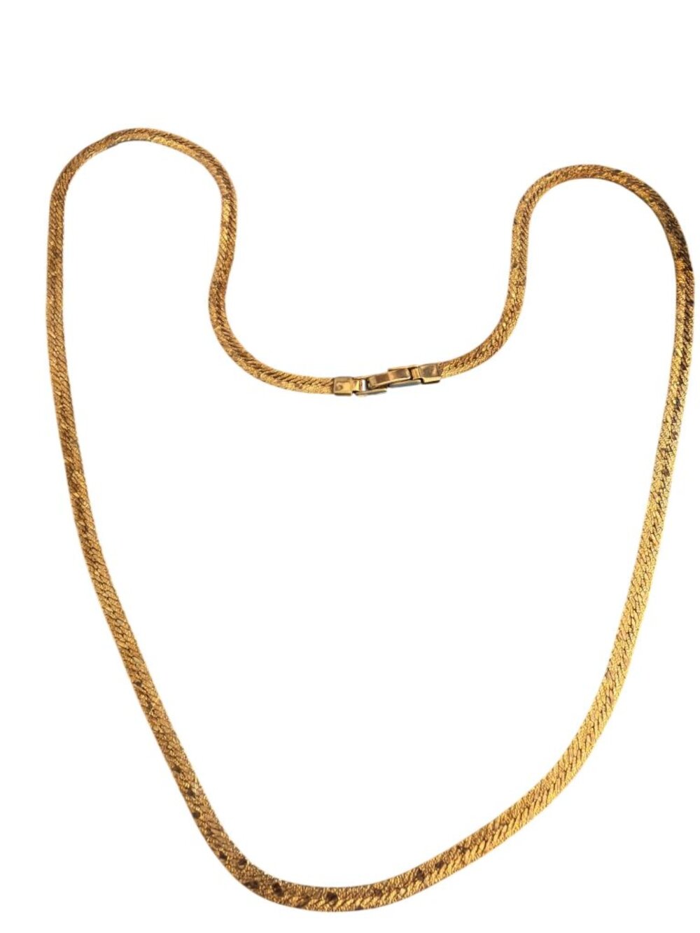 Vintage Gold Tone Textured Flat Herringbone Chain Necklace Fold Over Clasp 24"